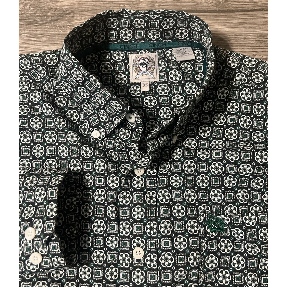 Cinch Long Sleeve Button Down Western Shirt Green Geometric Pattern, Men's Sz XS